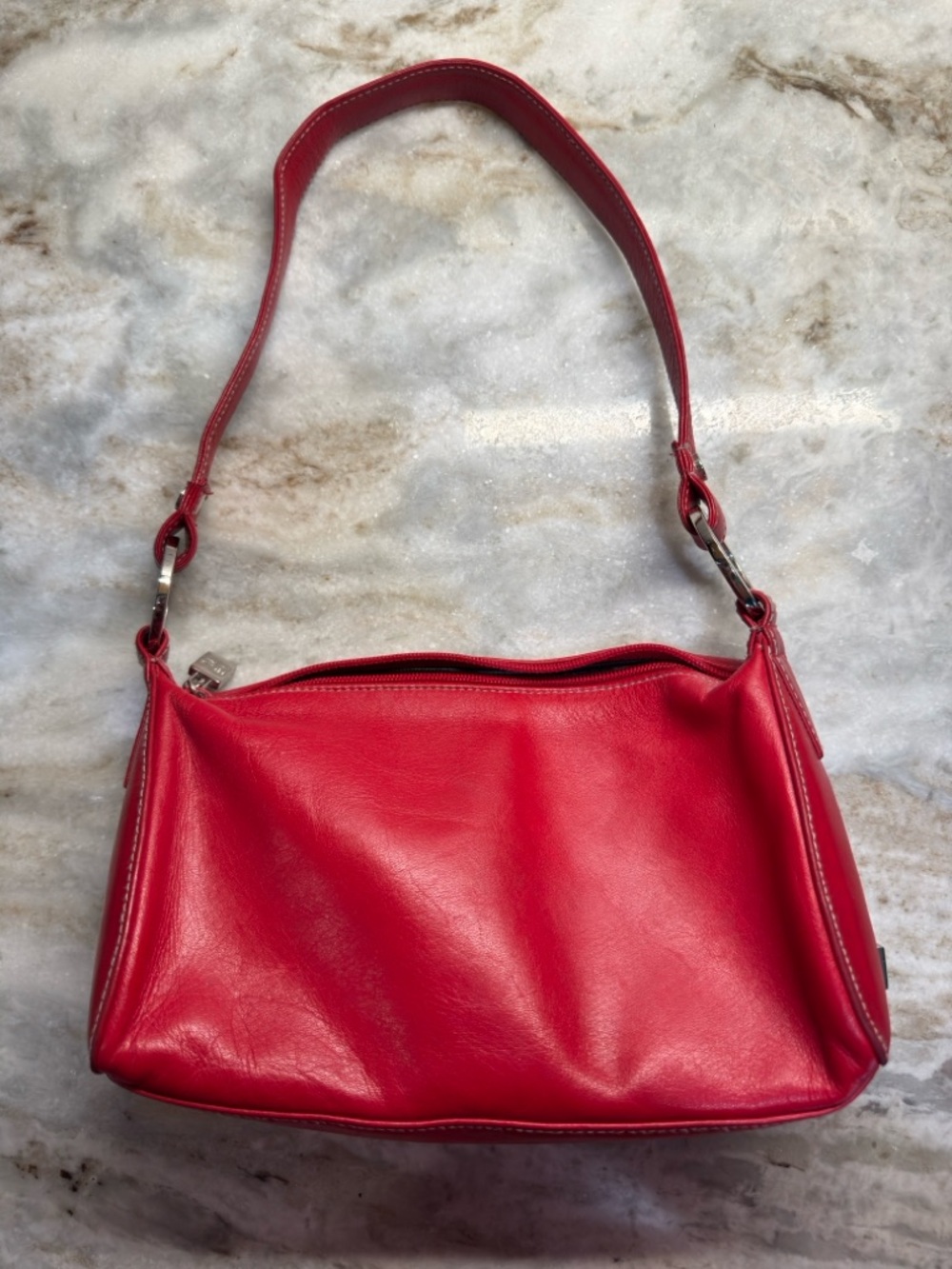 Perlina Red Leather Shoulder Bag Zip Closure with front pocket magnetic closure